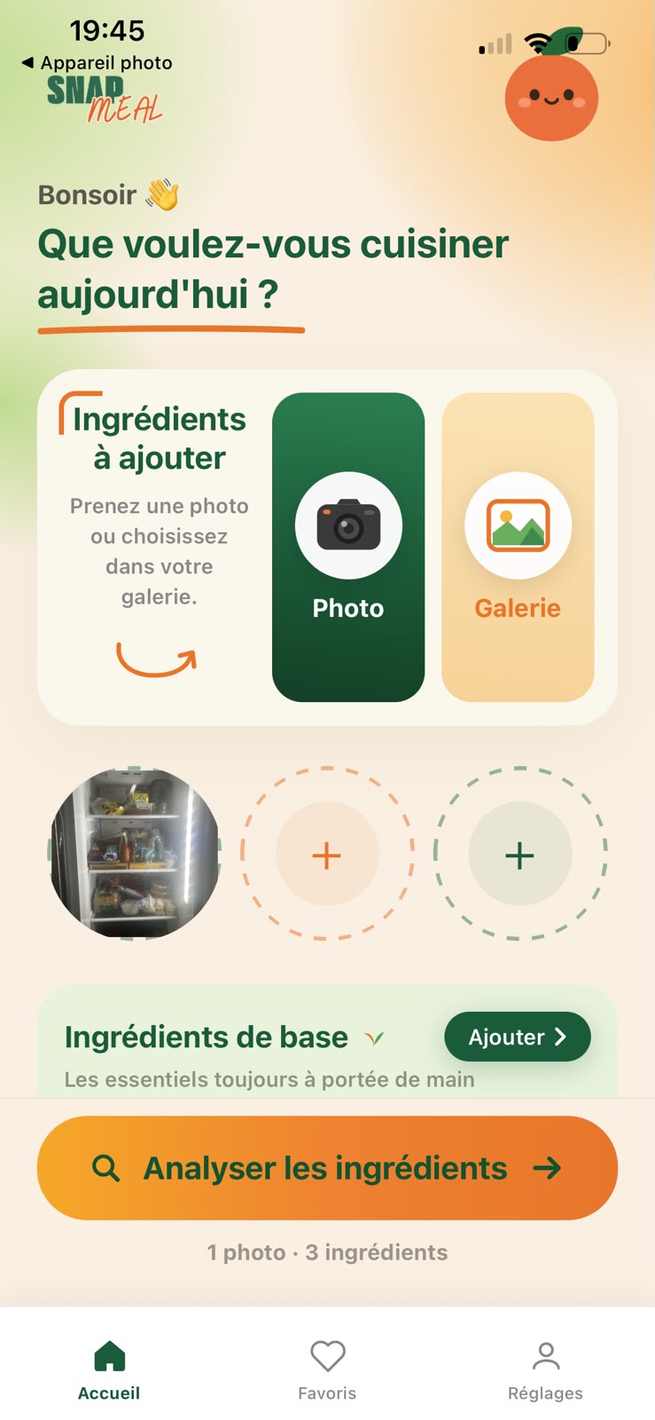 Écran d'accueil de l'application SnapMEAL
