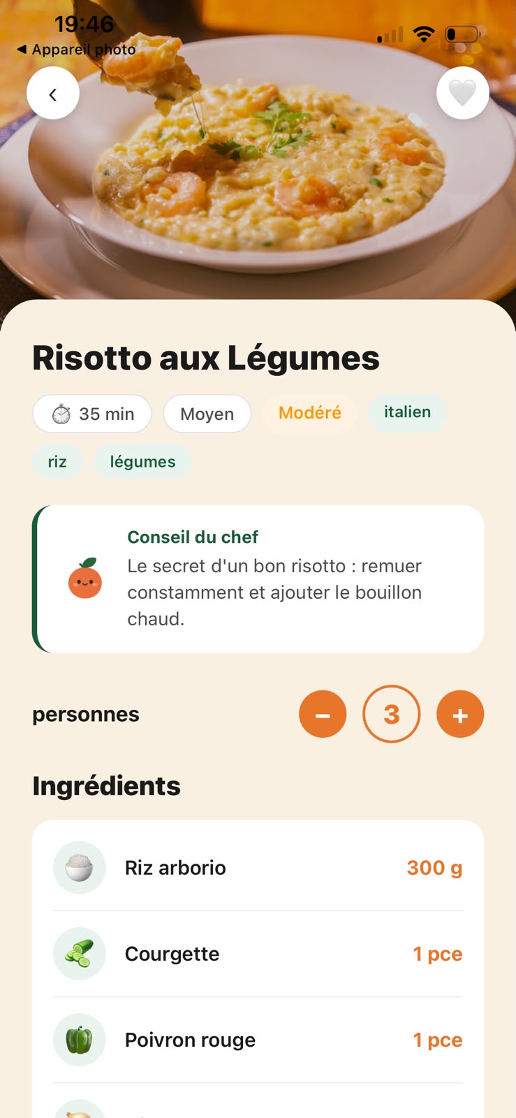 Détail d'une recette SnapMEAL avec ingrédients et étapes