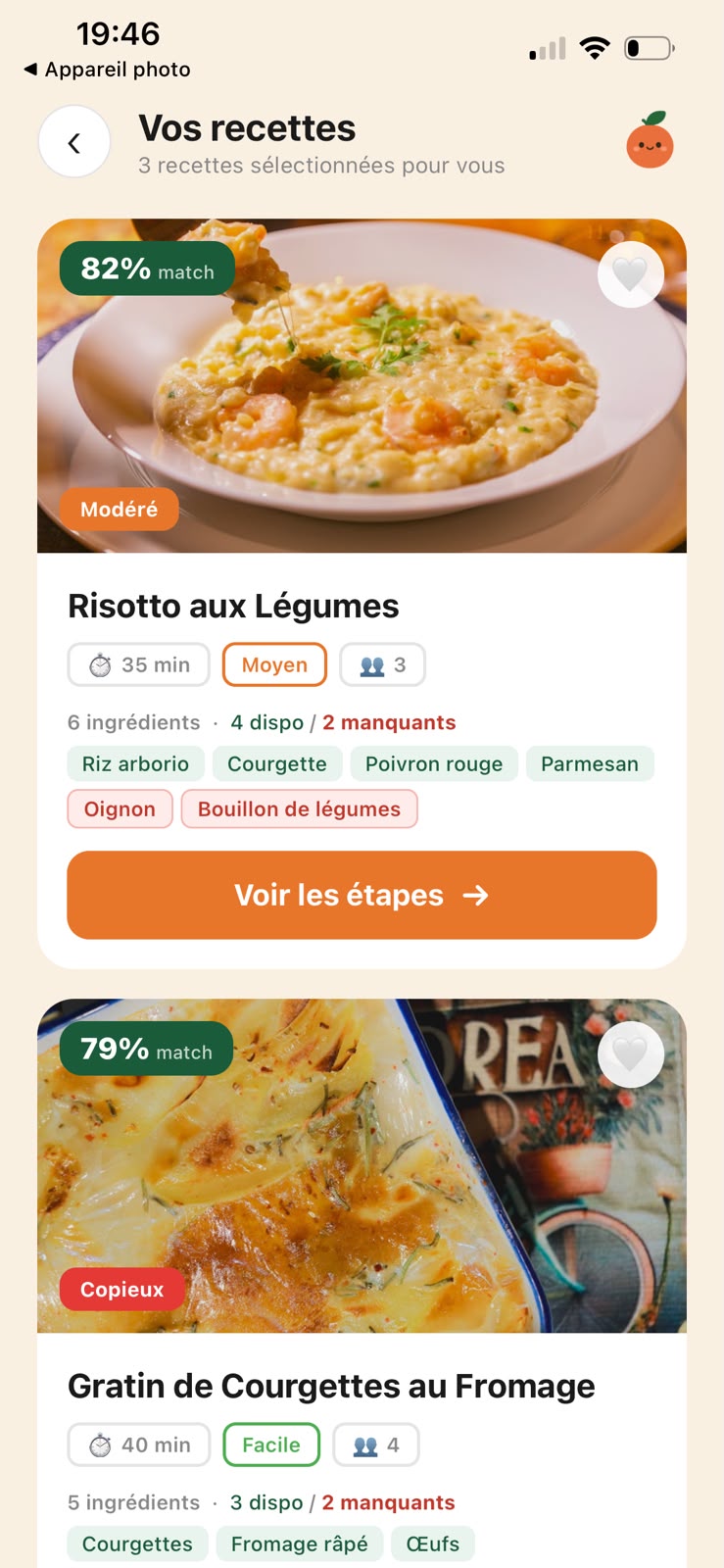 Recettes proposées par SnapMEAL selon les ingrédients détectés