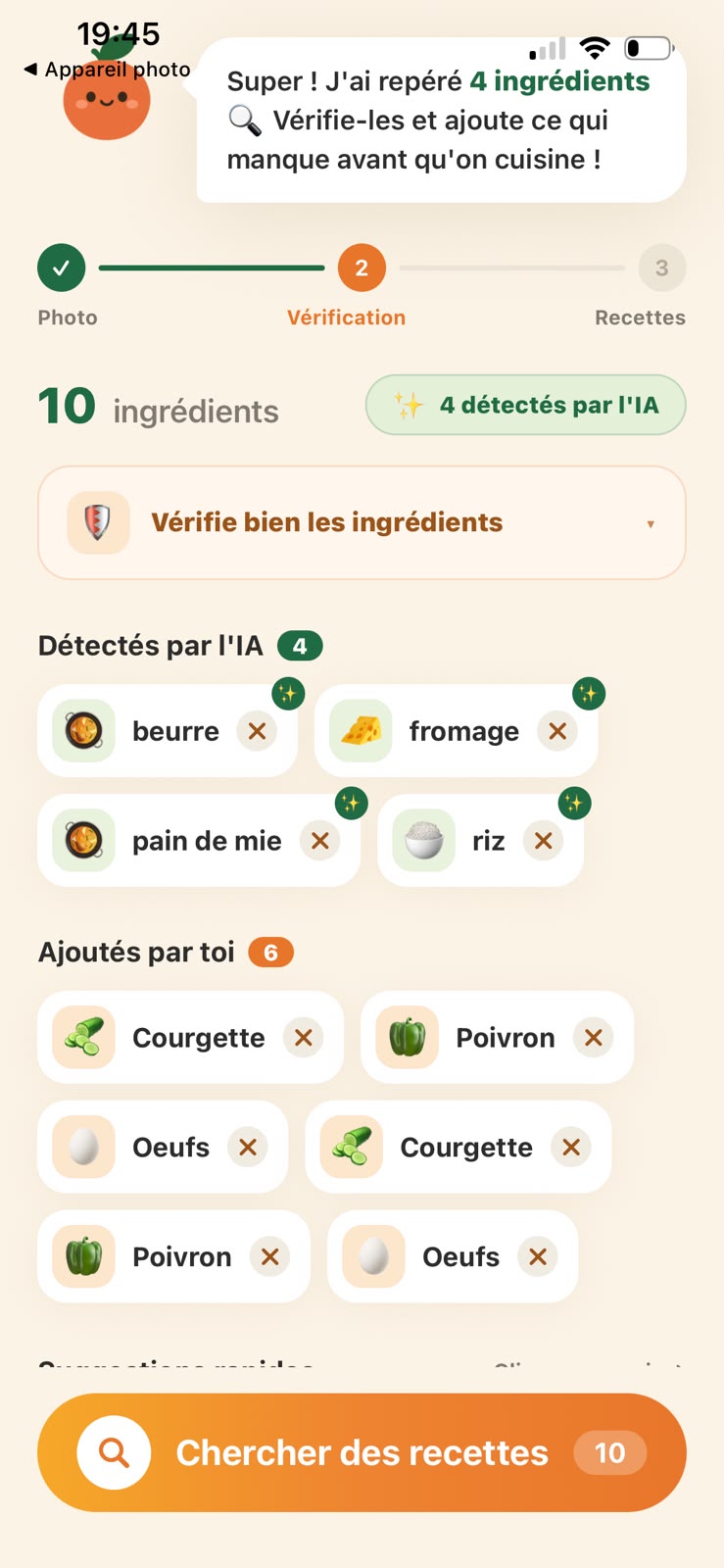 Écran de vérification des ingrédients détectés